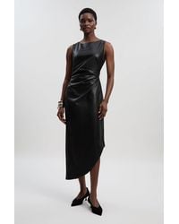 Karen Millen - Faux Leather Ruched Asymmetric Pencil Dress - Lyst