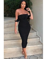 Femme Luxe - Bardot Cowl Neck Ruched Midi Dress - Lyst