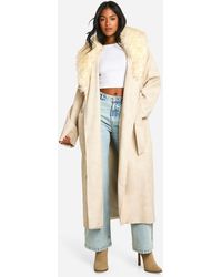 Boohoo - Tall Faux Fur Collar Vintage Look Leather Trench Coat - Lyst
