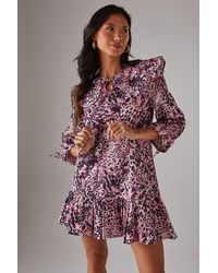 Warehouse - Animal Poplin Oversized Collar Tie Detail Mini Smock Dress - Lyst