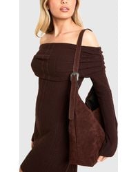 Boohoo - Western Buckle Faux Suede Slouchy Shoulder Bag - Lyst
