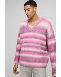 BoohooMAN - Oversized Boxy Brushed Stripe V Neck Knitted Sweater - Lyst