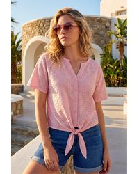 Roman - V-Neck Broderie Stretch Jersey Tie Front Top - Lyst