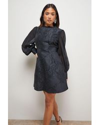 Oasis - Petite Structured Jacquard Fit And Flare Mini Dress With Chiffon Sleeve - Lyst