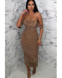 Femme Luxe - Bardot Cowl Neck Ruched Midi Dress - Lyst