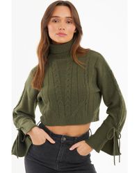 Quiz - Khaki Knitted Lace Up Sleeve Jumper - Lyst