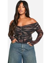 Boohoo - Plus Animal Ruched Front Bardot Long Sleeve Top - Lyst