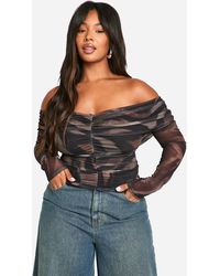 Boohoo - Plus Animal Ruched Front Bardot Long Sleeve Top - Lyst