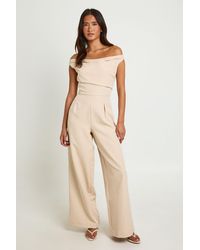 Boohoo - Drape Bardot Wide Leg Jumpsuit - Lyst