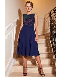 Roman - Sequin Bodice Belted Chiffon Dress - Lyst