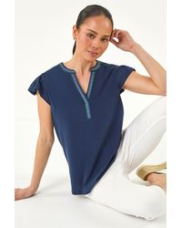 Roman - Petite Cotton Embroidered V-Neck Top - Lyst