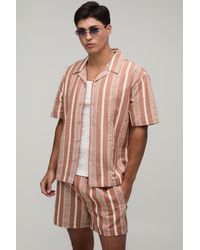 BoohooMAN - Embroidered Stripe Line Oversized Shirt & Relaxed Short Set - Lyst
