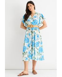 Gini London - Floral Print Angel Sleeves Belted Wrap Midi Dress - Lyst