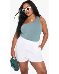 Boohoo - Plus Seersucker Stripe One Shoulder Bathing Suit - Lyst