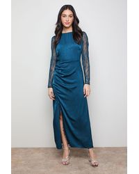 Oasis - Lace Sleeve Split Front Satin Midaxi Dress - Lyst