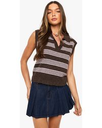 Boohoo - Collared V Neck Knitted Thin Stripe Vest - Lyst