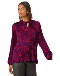 Roman - Animal Print Tie Neck Pleated Top - Lyst