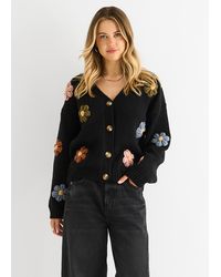 Gini London - Schwarzer 3D-Kontrast-Blumen-Crochet-Cardigan - Lyst
