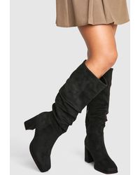Boohoo - Wide Fit Block Heel Ruched Knee High Boot - Lyst