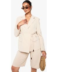 Boohoo - Linen Wrap Over Beaded Tie Detail Blazer - Lyst