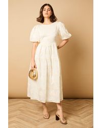 Oasis - Floral Embroidered Puff Sleeve Midi Dress - Lyst