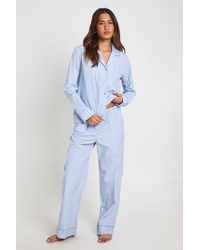 Boohoo - Cotton Poplin Pinstripe Long Sleeve Shirt & Trouser Pyjama Set - Lyst