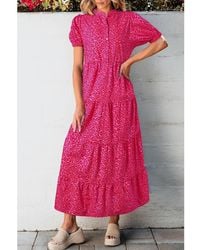 Azura Exchange - Roze Rode Bloemen Mock Neck Puff Sleeve Gelaagde Maxi-jurk - Lyst