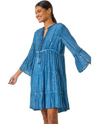 Roman - Shimmer Tie Detail Smock Dress - Lyst