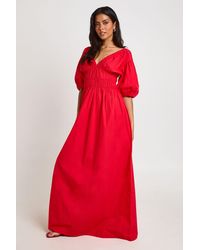 Boohoo - Cotton Poplin Shirred Bodice V Neck Puff Sleeve Maxi Dress - Lyst