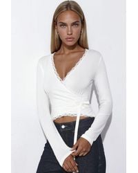 Hiccup - Wrap Lace Detail Soft Knit Crop Top - Lyst