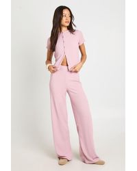Boohoo - Tall Crinkle Rib Button Through Cap Sleeve Top And Trouser Set - Lyst