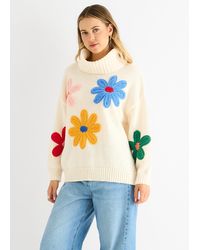 Gini London - Cremefarbener Pullover Mit Blumenapplikationen - Lyst