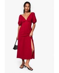 Boohoo - Linen Tie Back Puff Sleeve Midaxi Dress - Lyst