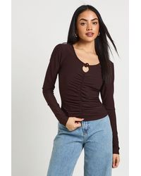 Boohoo - Cotton Touch Ruched Keyhole Long Sleeve Top With Bead Trim - Lyst