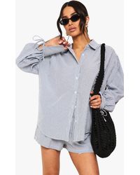 Boohoo - Petite Balloon Sleeve Stripe Shirt And Shorts Set - Lyst