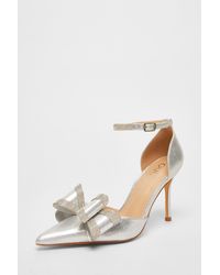 Quiz - Shimmer Diamante Bow Court Heels Material_Polyester - Lyst