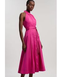Karen Millen - Cotton Collared Halter Neck Woven Midi Shirt Dress With Dropped Waist Detail - Lyst