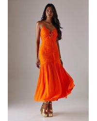 Warehouse - Chiffon Gathered Channel Strappy Midi Dress - Lyst