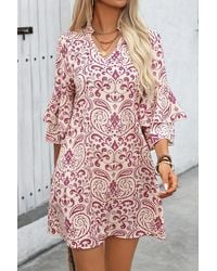Everyday the Label - Paisley Print Tiered 3/4 Sleeve Notched Neck Mini Dress - Lyst