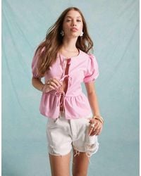 Miss Selfridge - Poplin Tie Front Puff Sleeve Top - Lyst