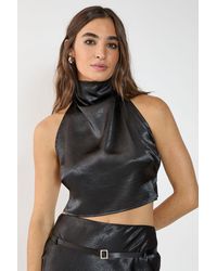 Nasty Gal - Satin High Neck Cowl Strappy Buckle Back Crop Top - Lyst