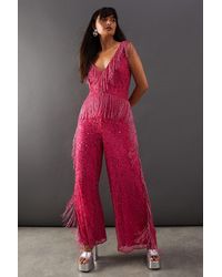 Warehouse - Hand Embellished Sequin Plunge Neck Fringe Jumpsuit - Lyst