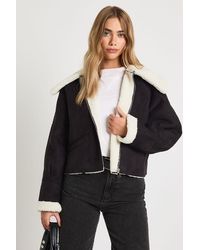 Boohoo - Teddy Trim Faux Suede Aviator - Lyst