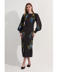 Karen Millen - Floral Embroidered Cotton Linen Woven Midi Dress - Lyst