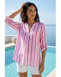Roman - Stripe Print V-Neck Pleat Detail Top - Lyst