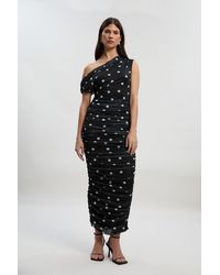 Karen Millen - Polka Dot Mesh One Shoulder Ruched Midi Dress - Lyst