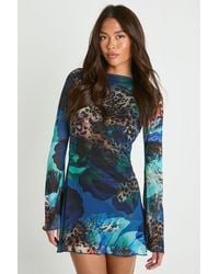 Boohoo - Floral Mesh Flare Sleeve Mini Dress - Lyst