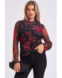 Gini London - Mesh Printed Ruched Front Top - Lyst