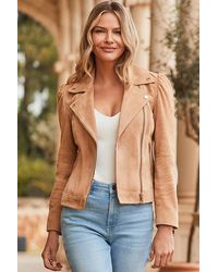 Sosandar - Camel Suede Ruched Sleeve Biker Jacket - Lyst
