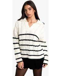 Boohoo - Soft Knit Cable Stripe Polo Collar Jumper - Lyst